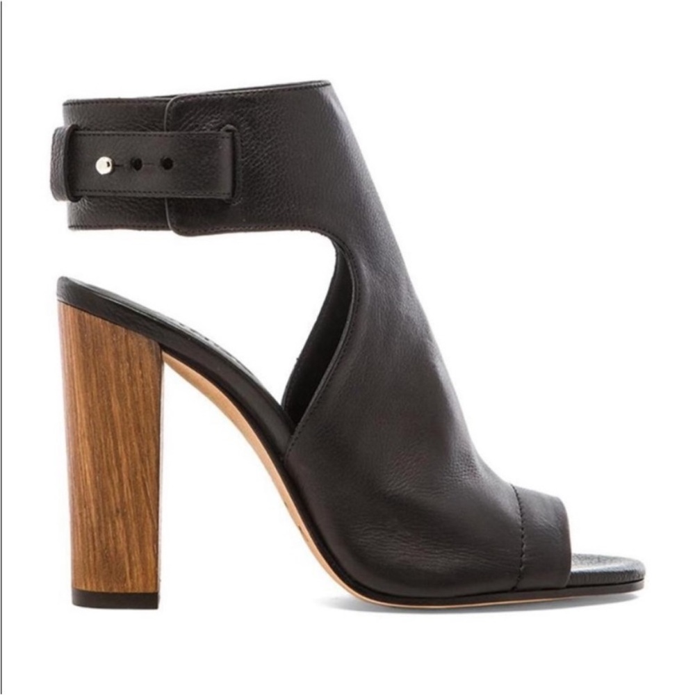 Vince Black Leather Open-Toe Ankle Cuff Heels with Wood Block Heel